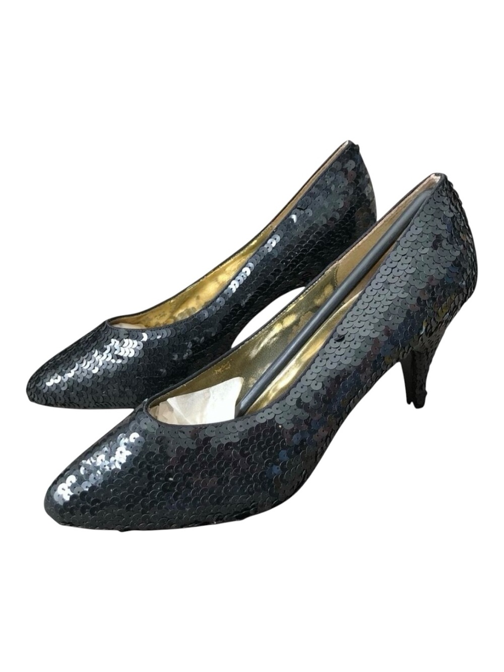 AJ Valenci Heels Womens 7 M Black Sequin Pointed Toe Pumps Vintage 90s